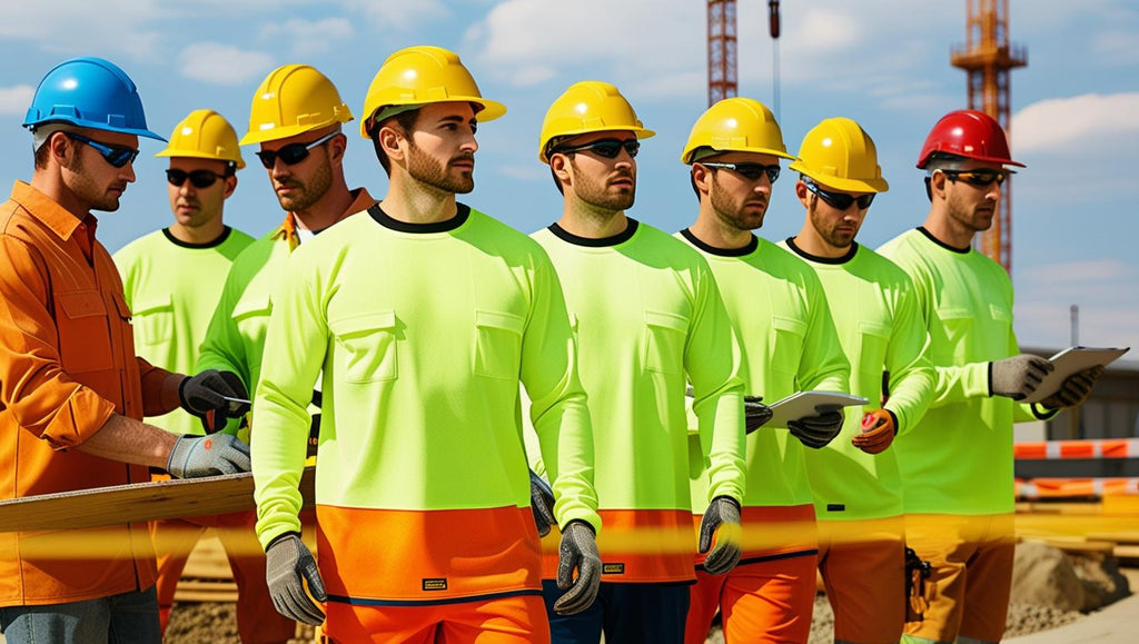 Construction workers wearing green high vis antimicrobial long sleeve shirt