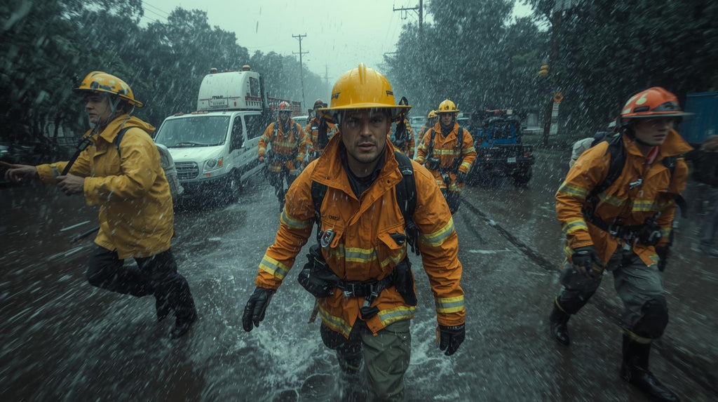 emegerncy response team during a hurricane wearing orange high visibility gear