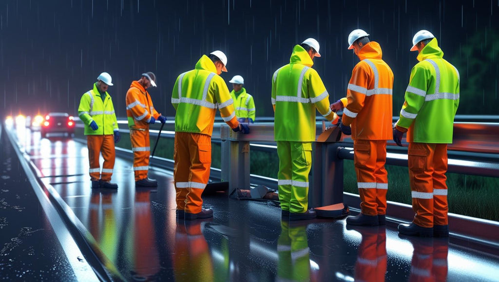 workers wearing green and orange class 2 and class 3 high visibility clothing