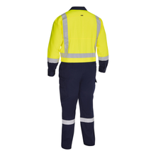 Load image into Gallery viewer, Bisley 314M6369H Safety Green ANSI Type R Class 2 Vented Coverall with Navy Bottom - Industrial Wash Durable | Back View