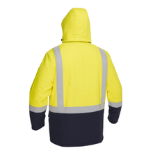 Load image into Gallery viewer, Bisley 385M8387H Safety Green Dual-Certified AR/FR Ripstop Insulated Parka with Navy Bottom - Industrial Wash Durable | Back View