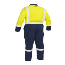 Load image into Gallery viewer, Bisley 385MFRHC Safety Green Dual-Certified AR/FR Ripstop Coverall with Navy Bottom - Industrial Wash Durable | Back View