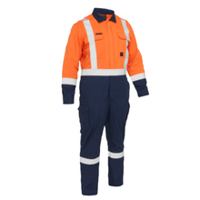 Load image into Gallery viewer, Bisley 385MFRHC Safety Orange Dual-Certified AR/FR Ripstop Coverall with Navy Bottom - Industrial Wash Durable | Front View