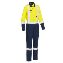 Load image into Gallery viewer, Bisley 385WFRHC Safety Green Dual-Certified AR/FR Women's Ripstop Coverall with Navy Bottom - Industrial Wash Durable | Front View