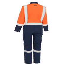 Load image into Gallery viewer, Bisley 385WFRHC Safety Orange Dual-Certified AR/FR Women's Ripstop Coverall with Navy Bottom - Industrial Wash Durable | Back View