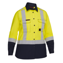 Load image into Gallery viewer, Bisley 385WFRHS Safety Green Dual-Certified AR/FR Women's Ripstop Long Sleeve Button Down with Navy Bottom - Industrial Wash Durable | Front View