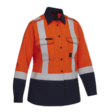 Load image into Gallery viewer, Bisley 385WFRHS Safety Orange Dual-Certified AR/FR Women's Ripstop Long Sleeve Button Down with Navy Bottom - Industrial Wash Durable | Front View