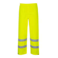 Load image into Gallery viewer, Portwest S480YER - Safety Green High Visibility Rain Pants | Front View