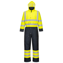 Load image into Gallery viewer, Portwest S485 Safety Green/Navy Hi-Viz Coverall | Front View