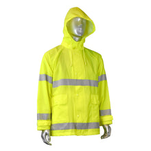 Load image into Gallery viewer, Radians RW25-3ZGV - Safety Green Hi-Viz Rain Jacket | Front Right View Hood