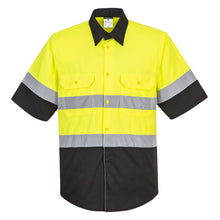 Load image into Gallery viewer, Portwest E067 – Safety Green/Black Hi-Viz ShortSleeve Shirt | Front View