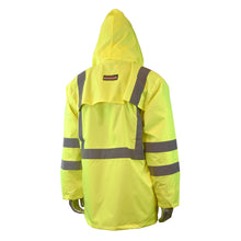 Load image into Gallery viewer, Radians RW10-3S1Y - Safety Green Hi-Viz Rain Jacket | Back Right View Hood