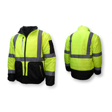 Load image into Gallery viewer, Radians SJ510 - Safety Green Hi-Viz Bomber Jackets | Front Left & Back Right View
