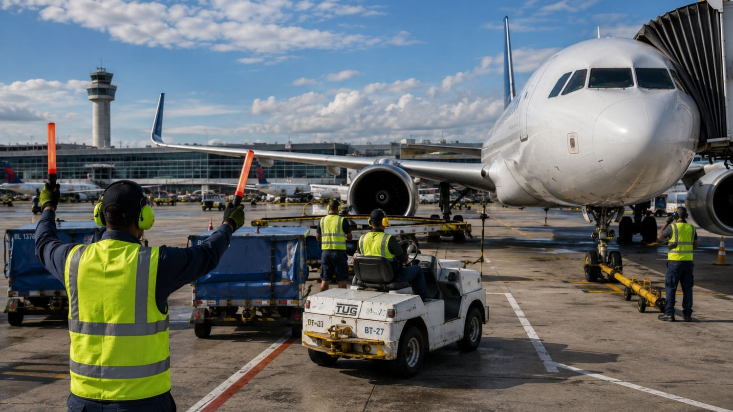 AIrport ramp crew wearing high visibilty