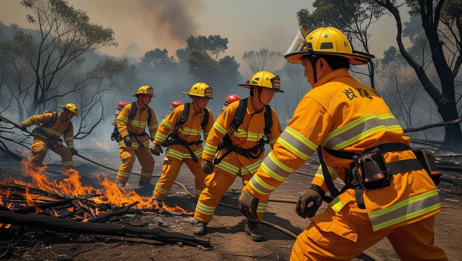 Firefighters wearing high visibility fire retardant clothing battling a wildfire in low-visibility conditions