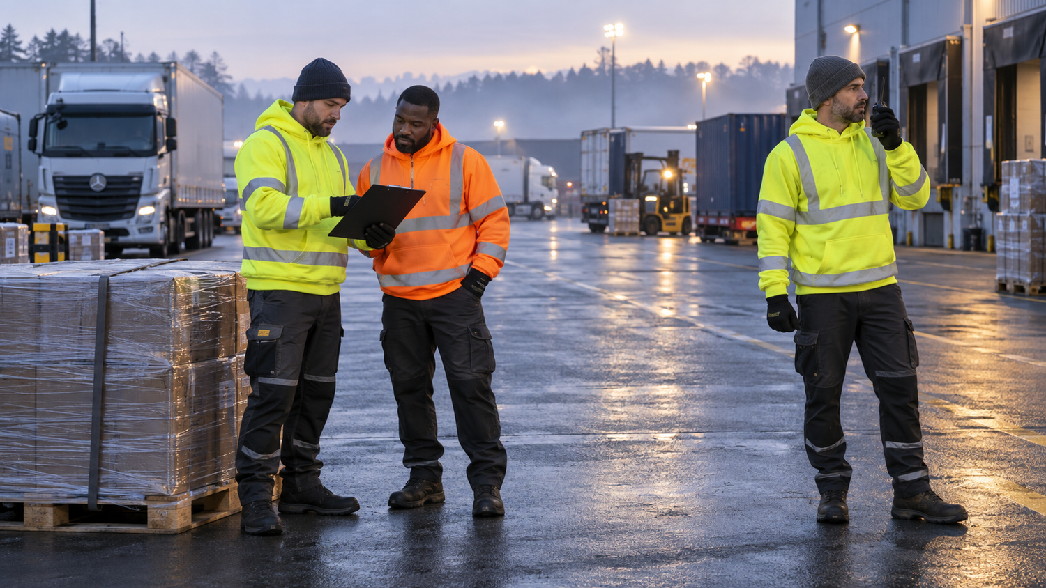 logistics workers wearing high visibility clothing