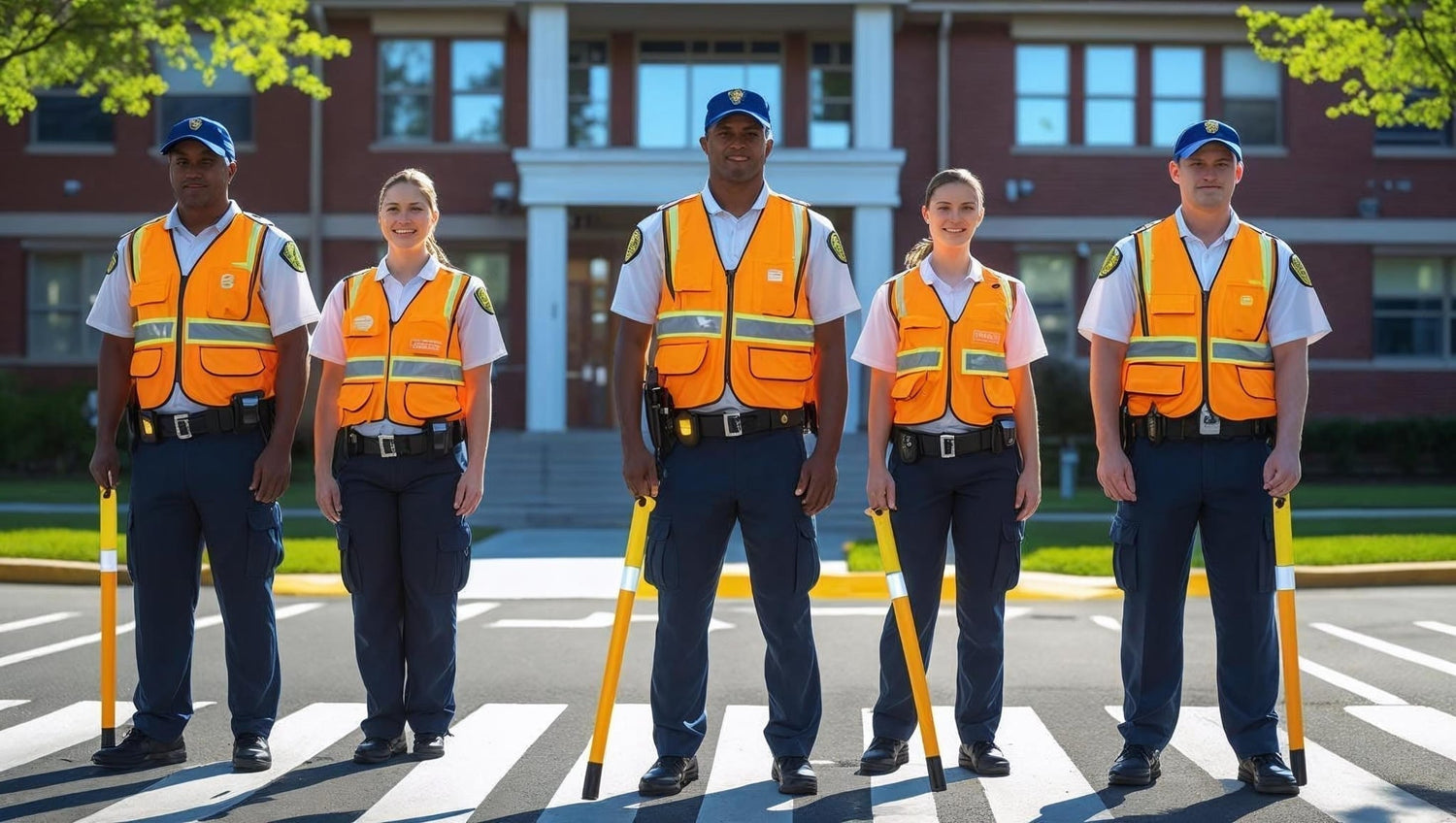 School guards wearing orange high visibility vests 