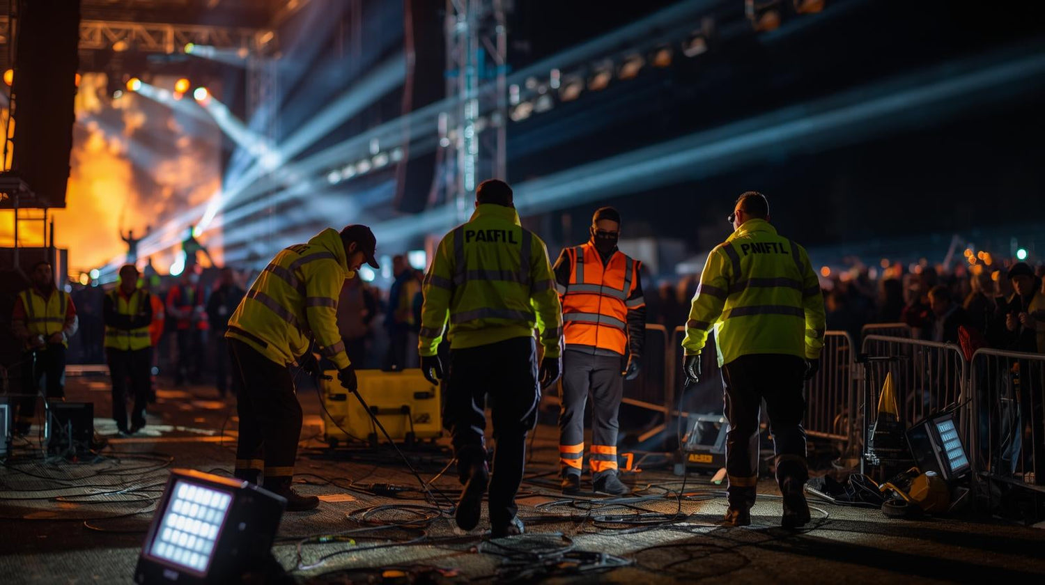seasonal workers wearing high visibility clothing at night