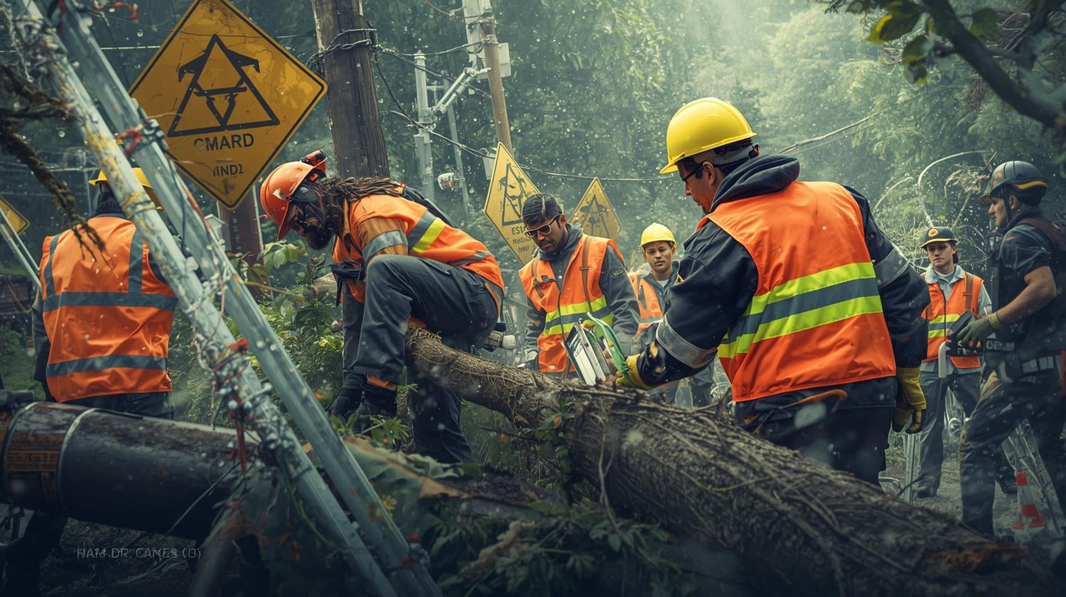 Storm cleanup crew wearing orange high visibility vests
