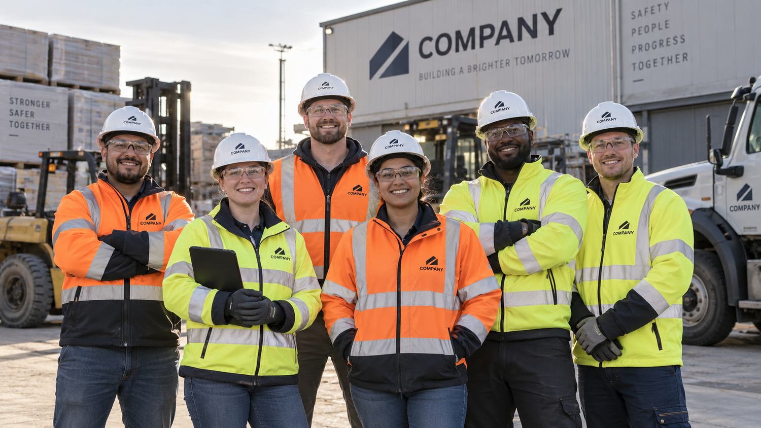 Workers wearing customized high visibility clothing