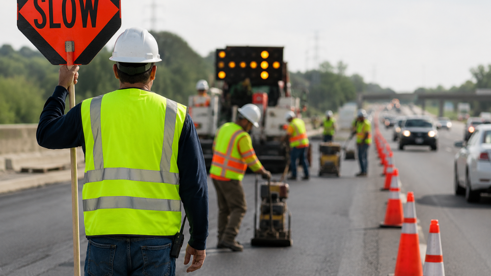 road workers wearing green high vis clothing