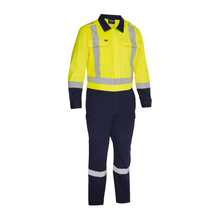 Load image into Gallery viewer, Bisley 314M6369H Safety Green ANSI Type R Class 2 Vented Coverall with Navy Bottom - Industrial Wash Durable | Front View
