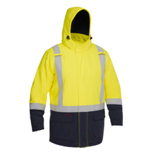 Load image into Gallery viewer, Bisley 385M8387H Safety Green Dual-Certified AR/FR Ripstop Insulated Parka with Navy Bottom - Industrial Wash Durable | Front View
