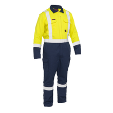 Load image into Gallery viewer, Bisley 385MFRHC Safety Green Dual-Certified AR/FR Ripstop Coverall with Navy Bottom - Industrial Wash Durable | Front View
