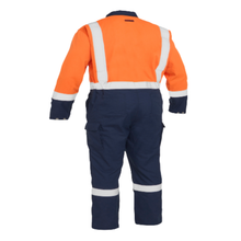 Load image into Gallery viewer, Bisley 385MFRHC Safety Orange Dual-Certified AR/FR Ripstop Coverall with Navy Bottom - Industrial Wash Durable | Back View
