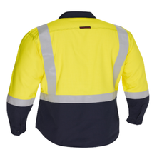 Load image into Gallery viewer, Bisley 385MFRHS Safety Green Men's Ripstop Long Sleeve Button Down with Navy Bottom | Back View
