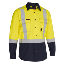 Load image into Gallery viewer, Bisley 385MFRHS Safety Green Men's Ripstop Long Sleeve Button Down with Navy Bottom | Front View
