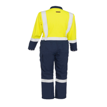 Load image into Gallery viewer, Bisley 385WFRHC Safety Green Dual-Certified AR/FR Women's Ripstop Coverall with Navy Bottom - Industrial Wash Durable | Back View
