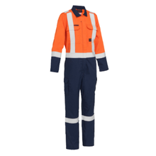 Load image into Gallery viewer, Bisley 385WFRHC Safety Orange Dual-Certified AR/FR Women's Ripstop Coverall with Navy Bottom - Industrial Wash Durable | Front View

