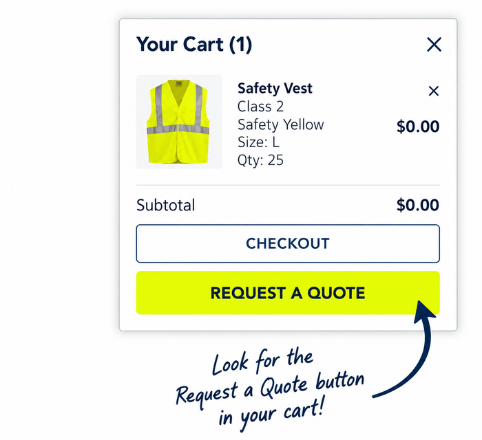Hi-Viz.com shopping cart showing the Request a Quote button