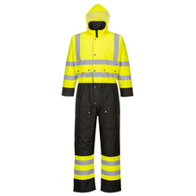 Load image into Gallery viewer, Portwest S485 Safety Green/Black Hi-Viz Coverall | Front View
