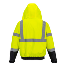 Load image into Gallery viewer, Portwest US365YBR - Safety Green Hi-Viz Bomber Jacket | Back View
