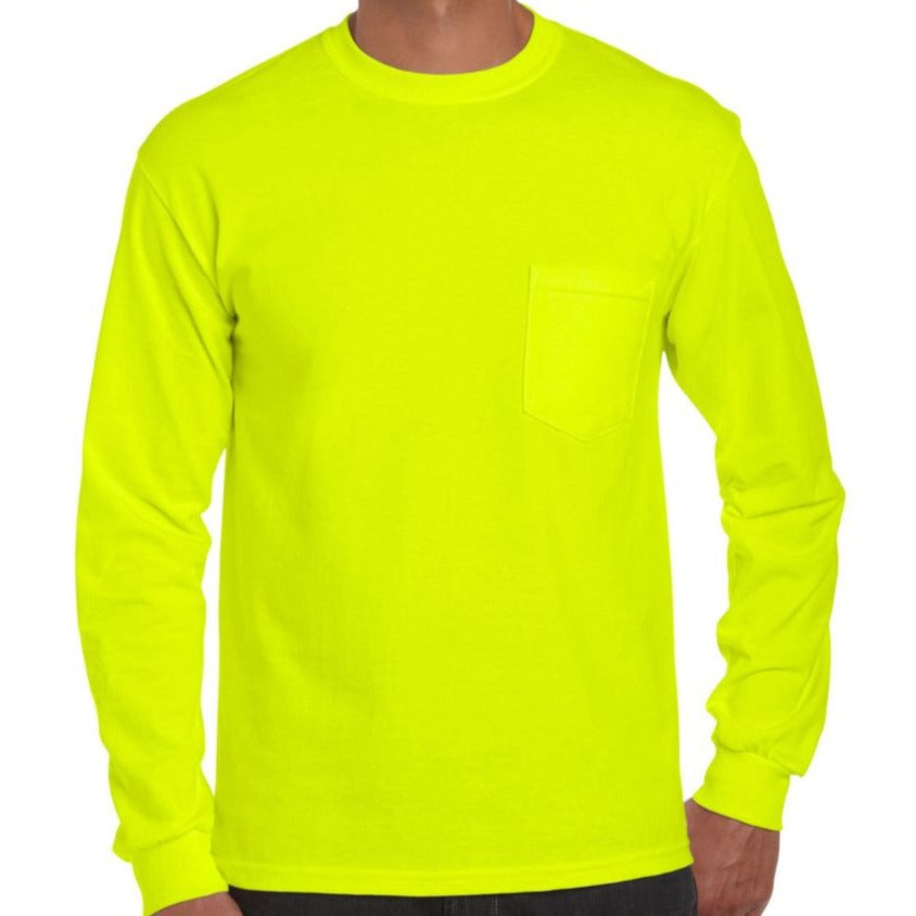 2X, Gildan, Long Sleeve Safety Green Pocket T-Shirt [2410]