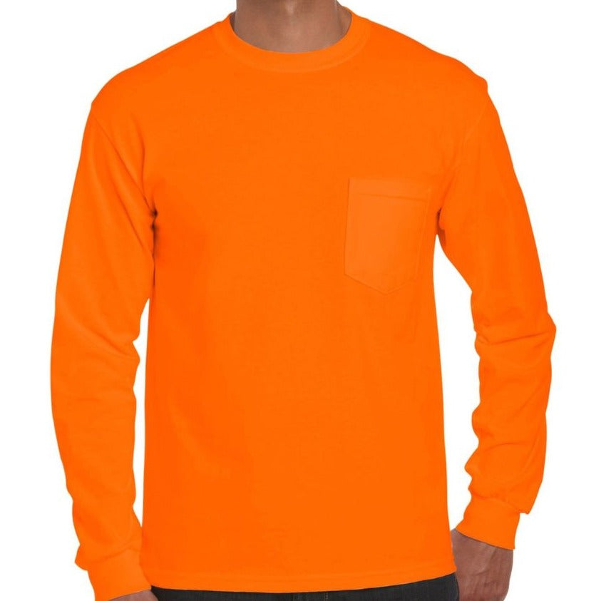 2X, Gildan, Long Sleeve Safety Orange Pocket T-Shirt [2410]