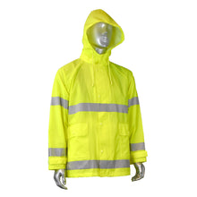 Load image into Gallery viewer, Radians RW25-3ZGV - Safety Green Hi-Viz Rain Jacket | Front Right View Hood
