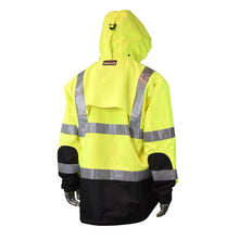 Load image into Gallery viewer, Radians RW32-3Z1Y | Safety Green Hi-Viz Rain Jacket | Back Right Hood View
