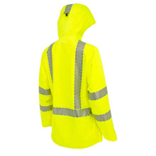 Load image into Gallery viewer, Radians RW12L – Safety Green Hi-Viz Rain Jackets | Back Hood View 
