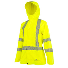 Load image into Gallery viewer, Radians RW12L – Safety Green Hi-Viz Rain Jackets | Front Hood View 
