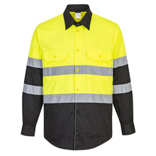 Load image into Gallery viewer, Portwest E066 – Safety Green/Black Hi-Viz Long Sleeve Shirt | Front View 
