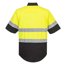 Load image into Gallery viewer, Portwest E067 – Safety Green/Black Hi-Viz Short Sleeve Shirt | Back View 
