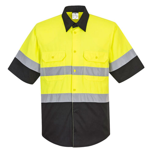 Portwest E067 – Safety Green/Black Hi-Viz ShortSleeve Shirt | Front View 