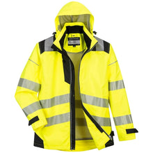 Load image into Gallery viewer, Portwest PW365YBR - Safety Green Hi-Viz Parka  Front View Hood
