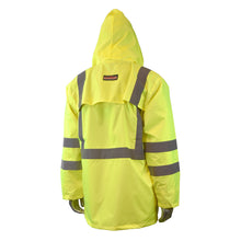 Load image into Gallery viewer, Radians RW10-3S1Y - Safety Green Hi-Viz Rain Jacket | Back Right View Hood
