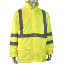 Load image into Gallery viewer, Radians RW10-3S1Y - Safety Green Hi-Viz Rain Jacket | Front View
