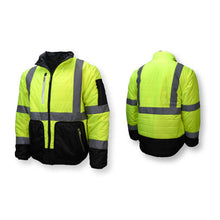 Load image into Gallery viewer, Radians SJ510 - Safety Green Hi-Viz Bomber Jackets | Front Left &amp; Back Right View
